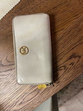 Michael Kors Beige Zip-Around Leather Wallet with Gold Hardware